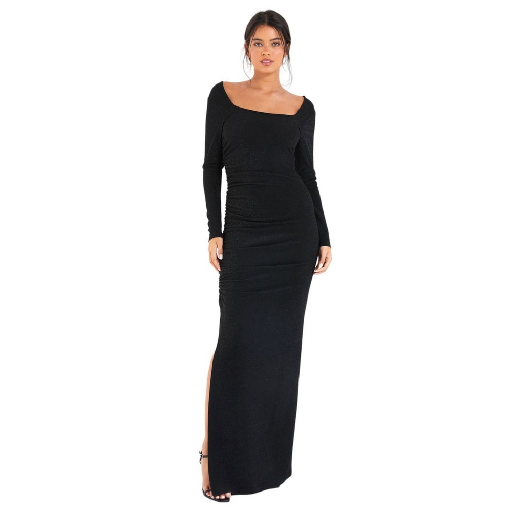 NWT Quiz Women's Brillo Long Sleeve Ruched Glitter Maxi Dress Sz 8 Party Dressy - Picture 3 of 10
